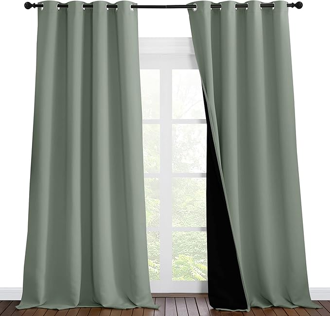 NICETOWN Full Shading Curtains for Windows, Super Heavy-Duty Black Lined Blackout Curtains for Bedroom, Privacy Assured Window Treatment (Greyish Green, Pack of 2, 55 inches W x 102 inches L) by NICETOWN