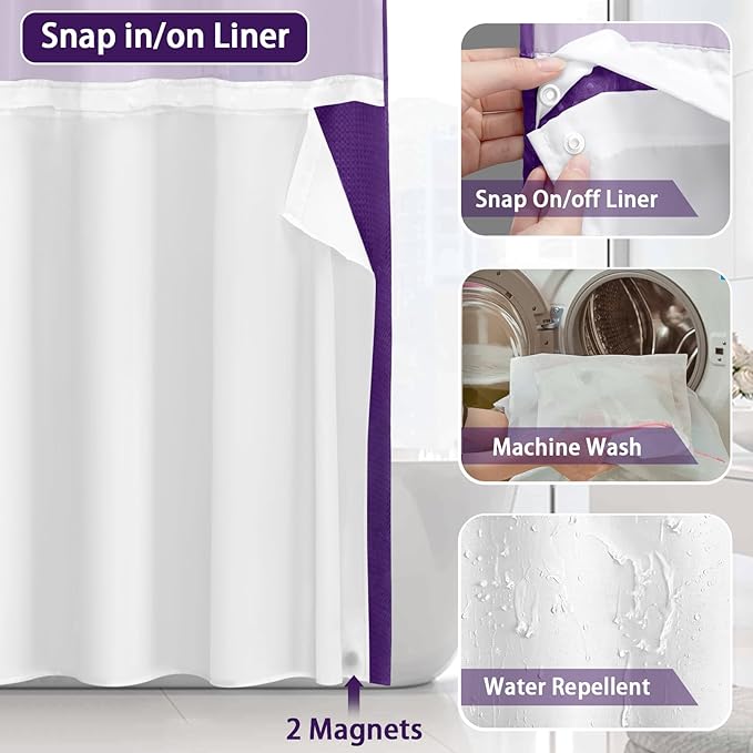 No Hook Shower Curtain and Liner Set,Deep Purple Hotel Waffle Shower Curtain with Liner 75" L x 72" W - Image 4