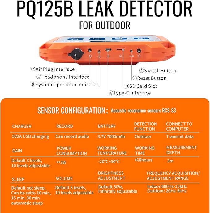 PQWT Underground Water Leak Detectors PQ125B Outdoor Wall Pipe Water Leakage Detection with Touchscreen Earphone and Carrying Case Sensor Acoustic Pipeline Sound Intensifier - Image 5