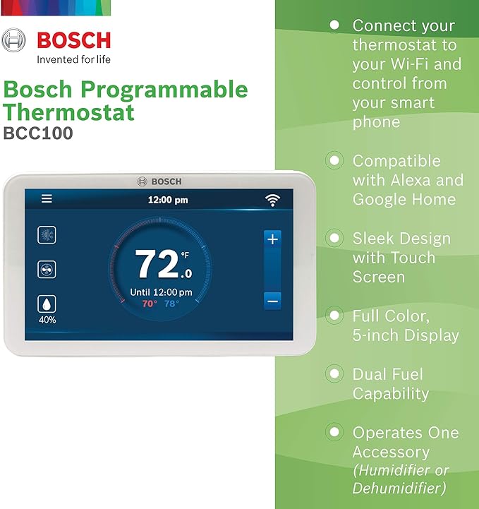 Bosch Large 5-Inch Full-Color Touch Screen Sleek Easy Setup Connected Control Smart Phone Wi-Fi Thermostat for 24V HVAC Systems with Bosch Connected Control App - Image 2
