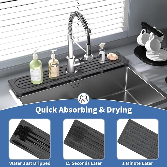 Stone Faucet Mat for Kitchen Sink, Water Absorbing Sink Water Splash Guard, Fast-Drying Kitchen Sink Faucet Mat, Durable Protector and Stone Drying Mat for Kitchen Counter & Bathroom Sink - Image 5