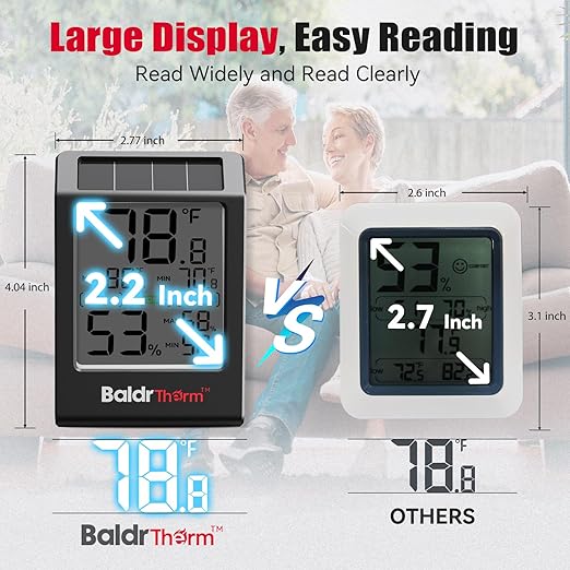 BaldrTherm Room Thermometer Indoor Humidity Meter Solar Powered with Max/Min Memory & Comfort Indicator - 3.2" Large Display for Home, Black, 2Pack - Image 7