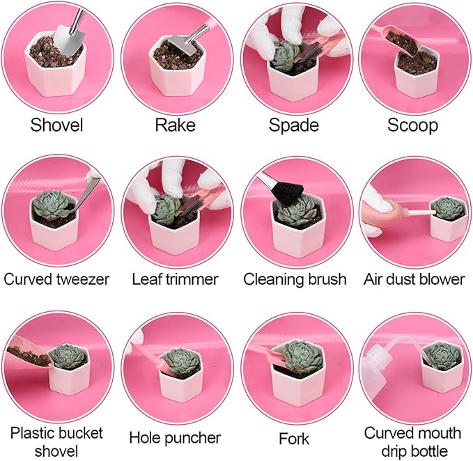 44pcs Small Gardening Tools Gifts for Women Beginners - Garden Hand Tools Set for Indoor Succulent Bonsai Plants Transplanting, Included Bag/Repotting Mat/Shovel/Labels, Pink - Image 5