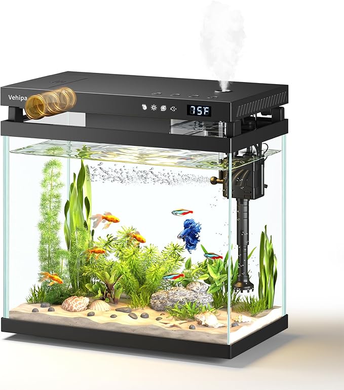 Fish Tank, 2.2 Gallon Glass Aquarium, Small Fish Aquarium Kits with Smart Humidifier, Auto Feeder, Silent Water Pump, Temperature Display & 7-Color Lighting, for Office & Home - Black by VEHIPA