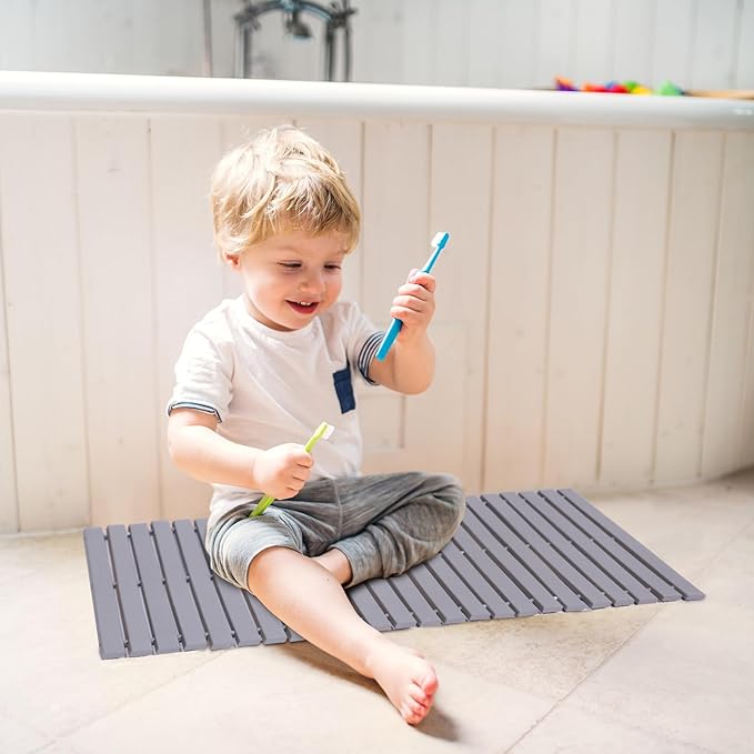 Bath Mat Bathroom Rugs Floor Wood Shower Bathtub Waterproof Non Slip Accessories 16x24 Inch Easy to Clean, Grey, 1 pc - Image 4