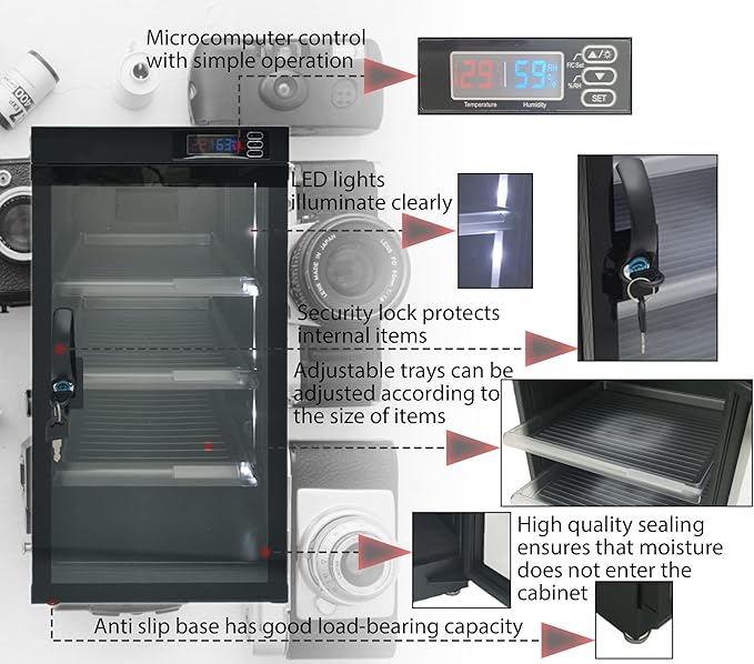 Modern Black 50L Camera Dehumidify Dry Cabinet with Lock, 4 Tiers, Low Noise, LED Digital Display - Image 4