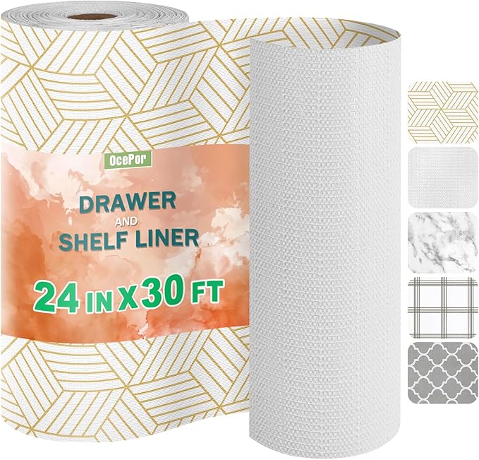 OcePor Non-Adhesive Drawer and Shelf Liner 24IN x 30FT，Non Slip Cabinet and Cupboard Liner, Kitchen Cabinet Liners for Shelves, Waterproof Drawer Shelf Liners for Cabinets/Bathroom Cupboard by OcePor