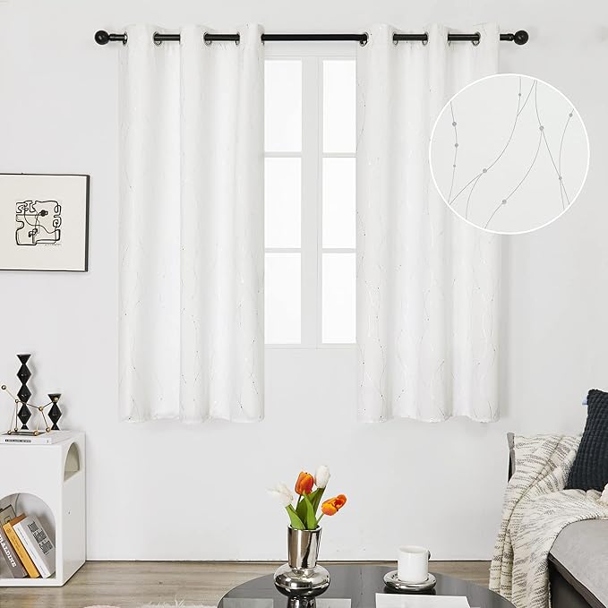 Deconovo White Short Curtains, Room Darkening Curtain, Thermal Insulated Soundproof Drapes, Wave Dots Silver Print, 42 x 54 Inch, Grommet Top, Window Panels for Living Room Bedroom Kitchen, Set of 2 - Image 2
