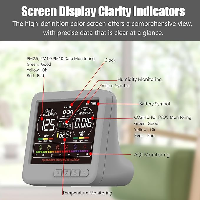 Professional Indoor Air Quality Monitor with 7X AQI,16 in 1 Portable Real-Time Detector for PM2.5 | PM10 | CO2 | TVOC | HCHO | Temp | Hum for Home Cars Plants Pets (Gray) - Image 7