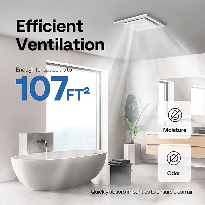 VIVOHOME Bathroom Exhaust Fan with Light, 165CFM Shower Ventilation Exhaust Fan with 6500K LED Light Combo,Ceiling Mount w/ 4" Duct Hose 1.5 Sones Square Fan, Cool White Light - Image 3