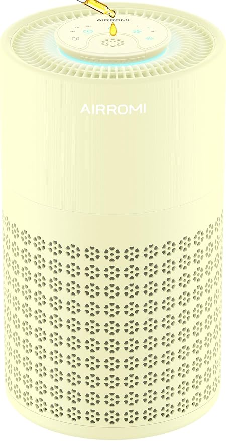 AIRROMI Air Purifier for Bedroom with HEPA Fet Filters, Pet Air Purifiers for Home Cat Pee Smell, Covers Up to 990Ft², Quiet 360° intake Air Cleaner for Allergies Dust Smoke Odor A2001 Yellow by AIRROMI