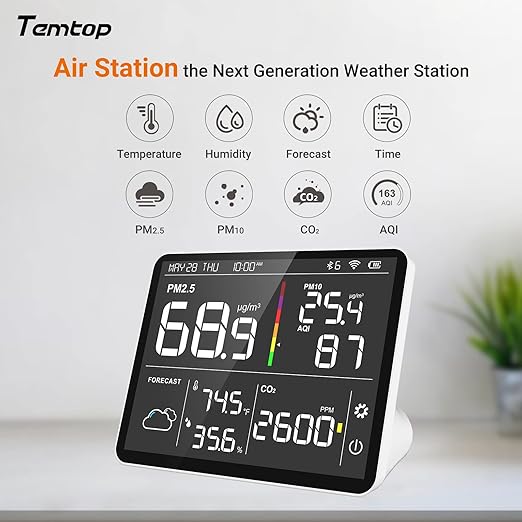 Temtop M100 Air Quality Monitor Indoor, 8-in-1 Smart Air Quality Weather Station with PM2.5 PM10 CO2 Temperature Humidity Sensor Weather Forecast for Home - Image 2