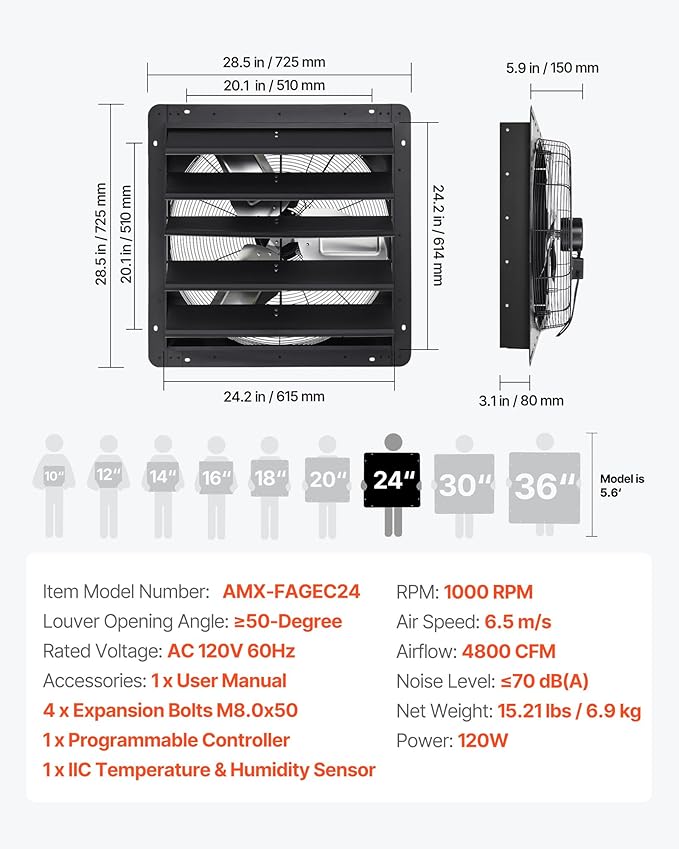 VEVOR 24 inch Exhaust Fan, Wall Mounted Attic Fan with Variable Speed, Temperature & Humidity Controller, 4800 CFM, Automatic Shutter - Image 7