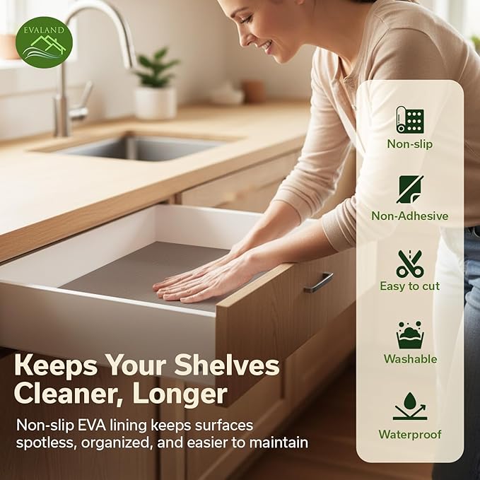 EVALAND Shelf Liners for Kitchen Cabinets Non-Adhesive 12" x 33 FT Beige Drawer Liner Non Slip, Washable Cabinet Liner, Waterproof Shelf Liners for Cabinets, Refrigerator Bathroom Pantry Cabinet Mat - Image 3