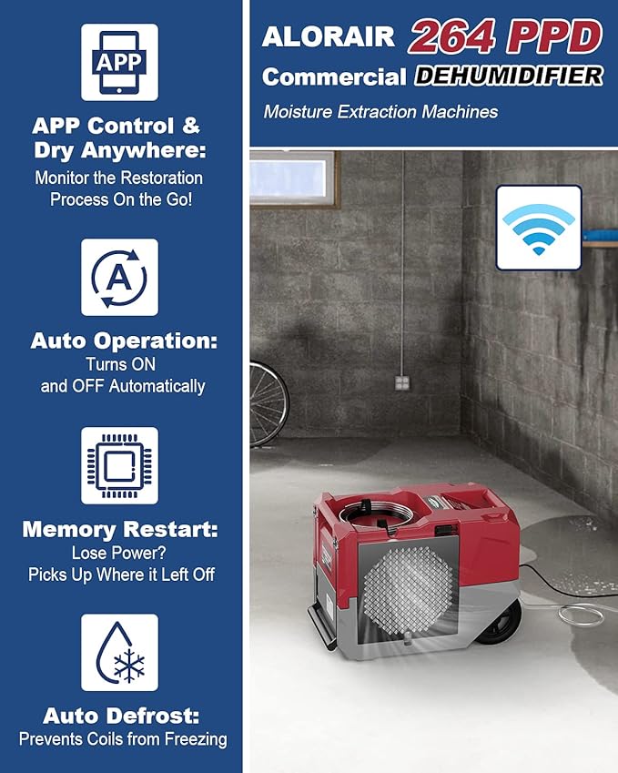 ALORAIR Smart WiFi 264 PPD LGR Commercial Dehumidifier with Pump, Large Capacity Rotational Molded Portable Industrial Dehumidifier for Water Damage Restoration, Moisture Removal, cETL Listed - Image 2