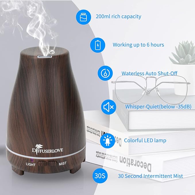 Diffuserlove Essential Oil Diffusers 200ML, Remote Control Aromatherapy Diffuser with 7 Color Lights, Auto Shut-Off for Bedroom Office Kitchen (Black Wood Grain) - Image 2