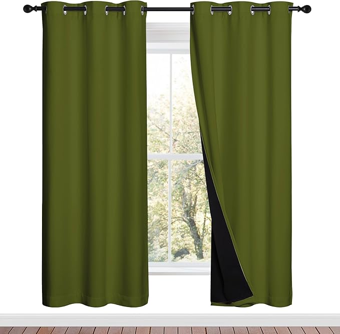 NICETOWN 100% Blackout Window Curtain Panels, Olive Green, 2 Pieces, 42-inch Wide Per Panel, Full Light Blocking Drapes with Black Liner for Nursery, 72-inch Drop Thermal Insulated Draperies by NICETOWN