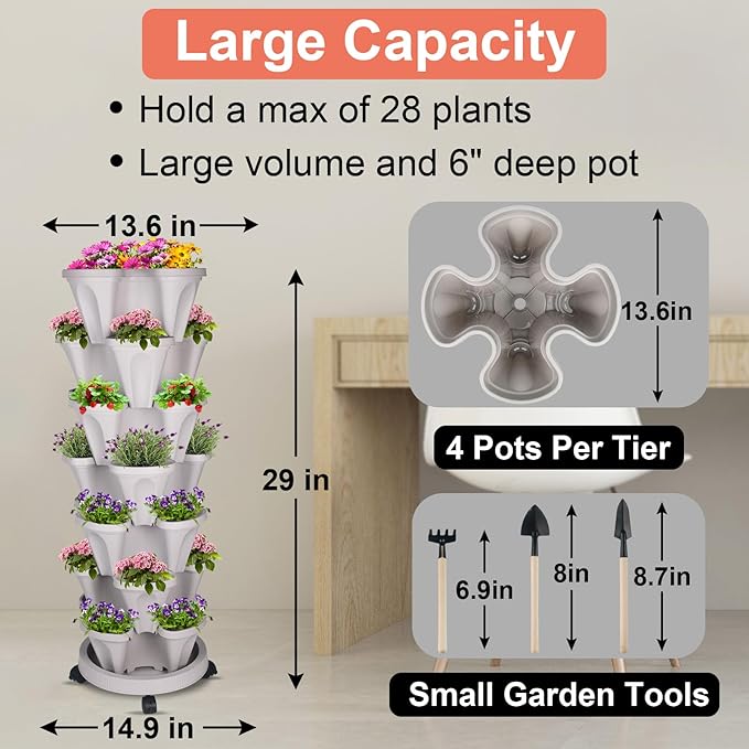 GameXcel Vertical Planter 7 Tier Stackable Planters Garden Planters Strawberry Herb Flower and Vegetable Planter Indoor Outdoor Gardening Pots with Removable Wheels and Tools - Image 4