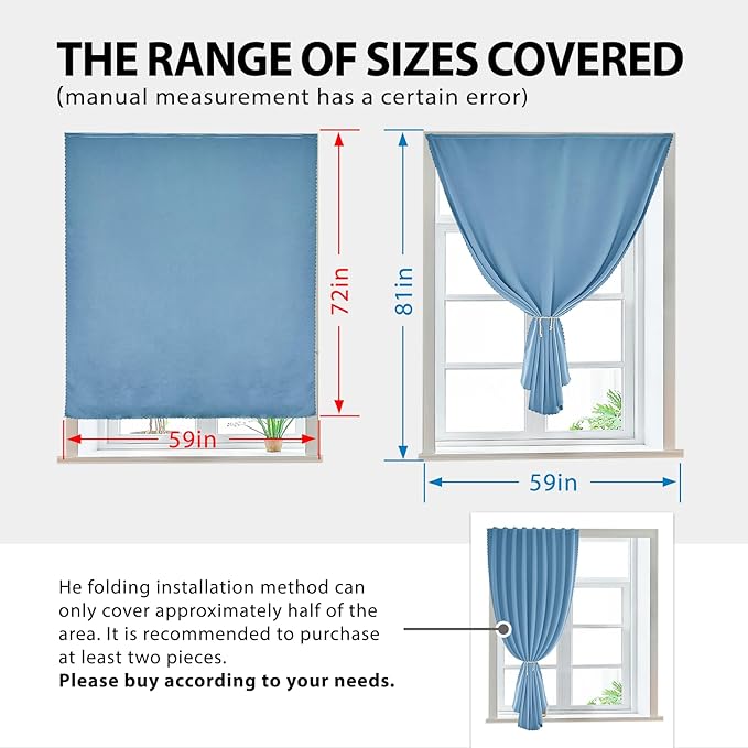 Magic Tape Stick on Portable Curtains for Windows,Bedroom Blackout Curtains for - Thermal Lnsulated No Drill Curtains Room Darkening Black Small Drapes(1 Panels,59Wx72L inch-Sky Blue) - Image 3