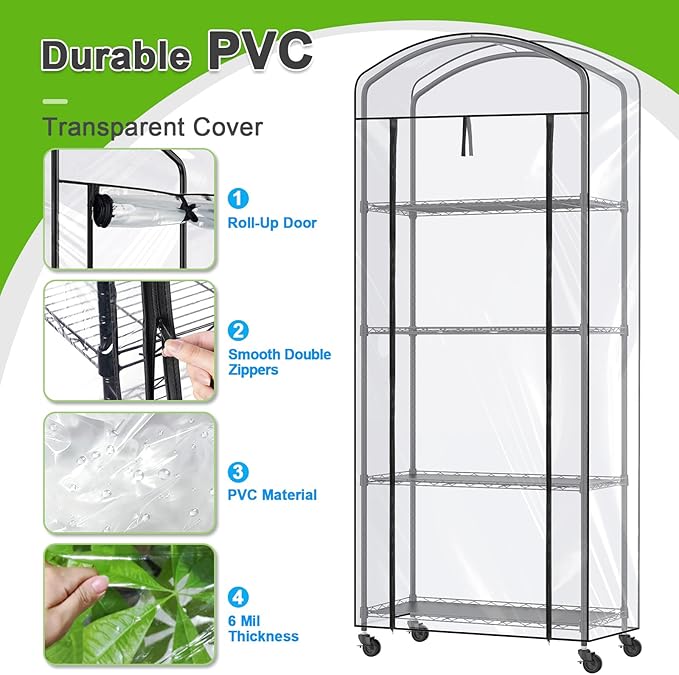 Abimars 4-Tier Greenhouse with Wheels, Height-Adjustable Shelves Metal Plant Shelf with PVC Cover for Seed Starting Trays, Seedling Pots, Plant Pots, 13x29x73inch - Image 5