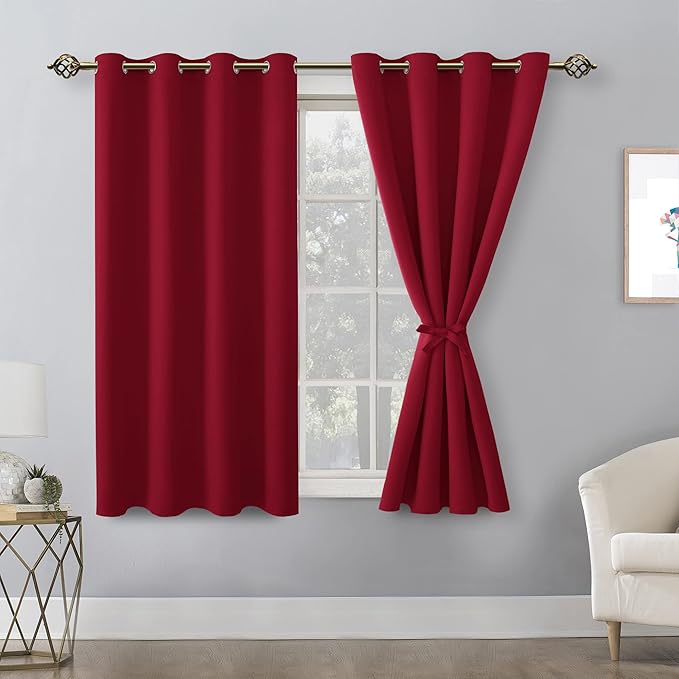 Hiasan Blackout Curtains for Bedroom - Thermal Insulated & Light Blocking Window Curtains for Living Room/Kids Room, 2 Drape Panels Sewn with Tiebacks, Christmas Red, 52 x 45 Inch - Image 2