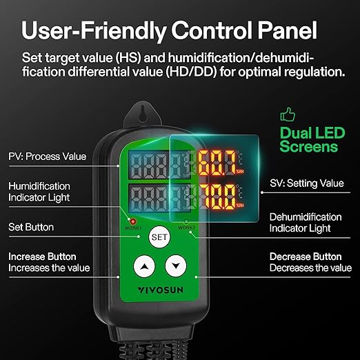 VIVOSUN Humidity Controller, 1200W Dual-Stage Outlet, Pre-Wired Digital Humidistat with Dual LED Displays for Humidifier/Dehumidifier/Fan, Ideal for Greenhouse, Grow Tent, Home-Brewing, Mushroom - Image 4
