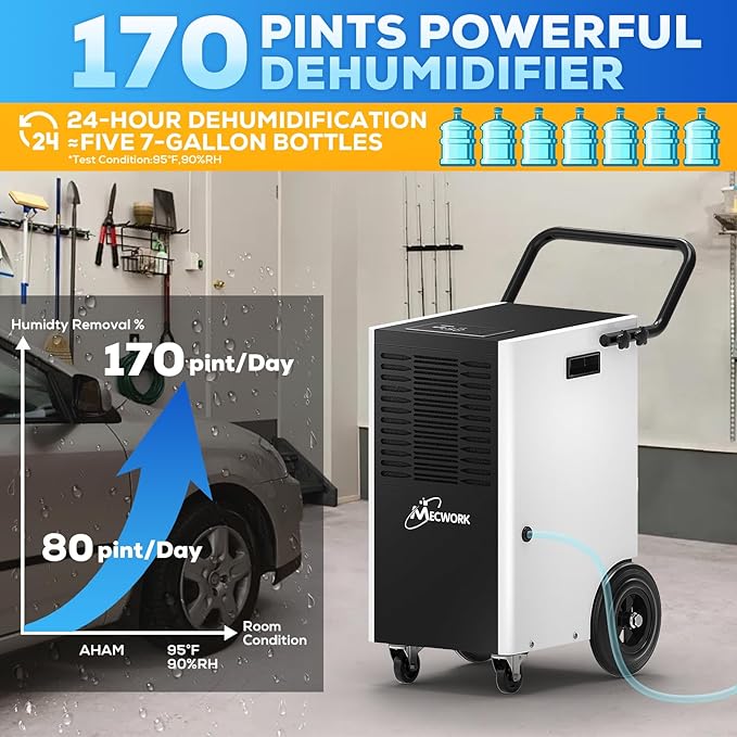 170 Pints Commercial Dehumidifier with Pump and Drain Hose, Quiet Dehumidifiers for Basement, Dehumidifier Water Damage Restoration up to 8,600 sq ft, Auto Defrost(1PCS) - Image 3