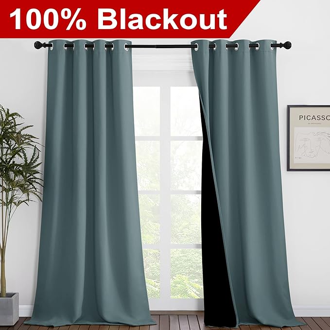 NICETOWN Greyish Blue Blackout Curtains 90 inches Long, Full Light Blocking Drapes with Black Liner for Nursery, Thermal Insulated Draperies for Hall, Villa (2 Pieces, 46" Wide Each Panel) - Image 2