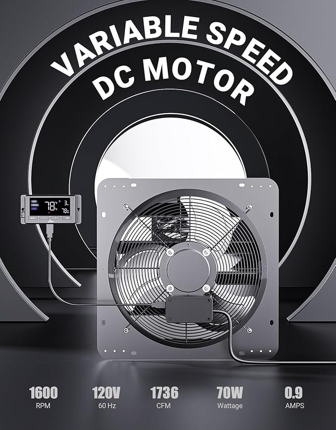 iLIVING 16" Wall Mounted Shutter Exhaust Fan, Automatic Shutter, Temperature and Humidity Controls with Variable Speed, 1736 CFM at 1600 RPM DC Motor - Image 3