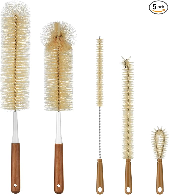 ALINK 5-Pack Bottle Brush Cleaner - Extra Long Bamboo Handle Water Bottle Straw Cleaning Brush for Washing Narrow Neck Beer Wine Decanter, Sports Bottle, Thermos, Flask, Jug by ALINK