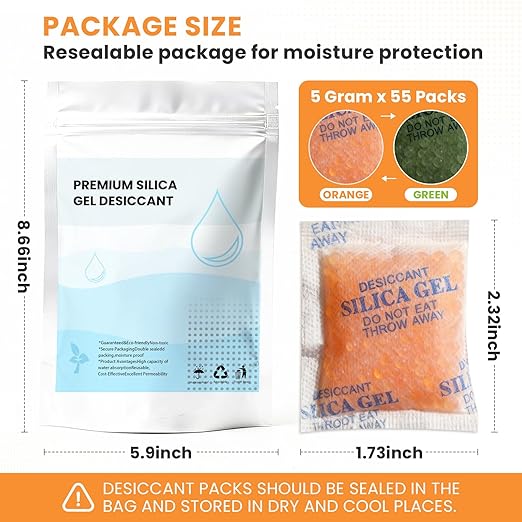 Vrurc Color-Indicating Silica Gel Desiccant Packets – 5 Gram (55 Pack) Food-Grade Premium Moisture Absorber, Re-Activatable Desiccant for Food Storage, Seeds, Electronics, and 3D Printing Supplies - Image 5