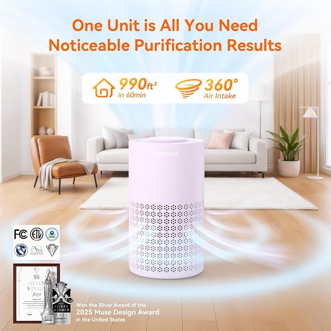AIRROMI Air Purifier for Bedroom with HEPA 3-in-1 Filter, Pet Air Purifier for Home Cat Pee Smell, Covers Upto 990 Ft², Quiet 360°intake Air Cleaner for Pet Hair,Allergies,Pollen,Smoke A2001 Purple - Image 2
