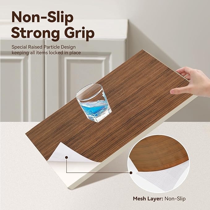 Drawer Shelf Liner for Kitchen Cabinets, Non Adhesive Slip Resistant Shelf Paper Easy to Clean, Strong Grip Thickened Waterproof Washable Mats for Pantry Shelves, Cupboard, Wood Grain, 12 in x 10 FT - Image 3