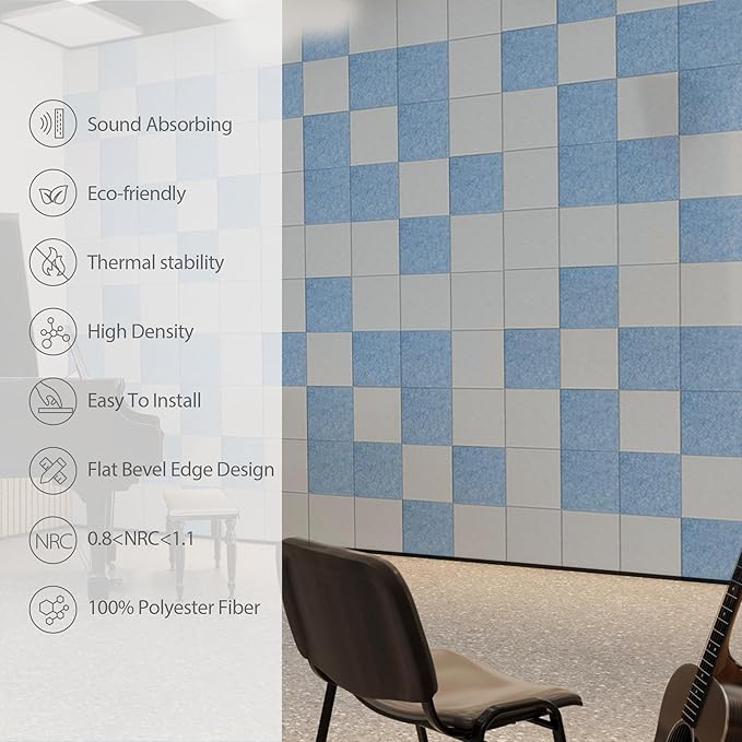 12 Pack Acoustic Panels Self Adhesive Sound Proof Foam, High Density Sound Acoustic Panel, 12X12X0.4 Inch Square Panels in Home, Office, Reccording Room, Studio,and more(Blue Gray) - Image 5