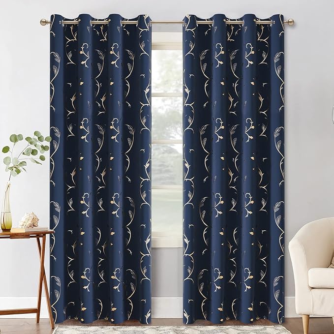 BUHUA Blackout Curtains 108 Inches Long, Gold Foil Print Pattern Room Darkening Curtain, Living Room Curtains & Drapes, Thermal Insulated Window Panel Set, 52 x 108 Inch, Navy Blue - Image 2