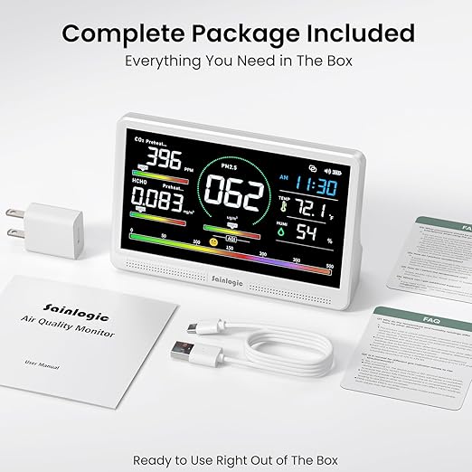 Sainlogic 16 in 1 Professional Air Quality Monitor Indoor with 7.2" Display & 3-Color 7 AQI Alerts,CO2 Monitor Air Quality Tester for CO2,HCHO,TVOC,PM2.5 PM1.0 PM10,Humidity,Temp & Time Meter for Home - Image 7