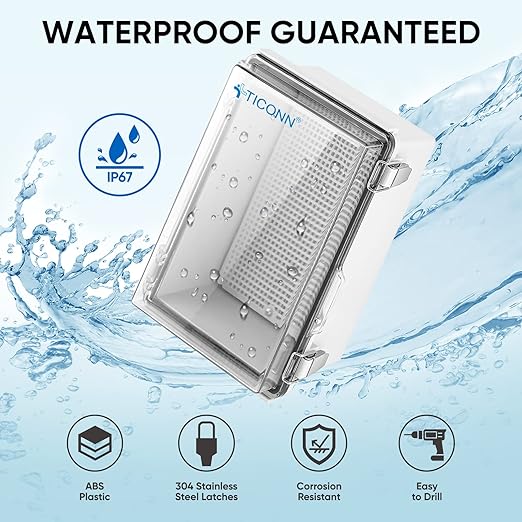 TICONN Outdoor Electrical Box Waterproof, Junction Box IP67 ABS Plastic Enclosure with Hinged Cover with Mounting Plate, Wall Brackets, Cable Glands (Clear, 10.2"x6.3"x3.9") - Image 2