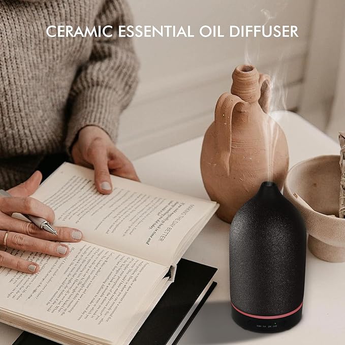 Essential Oil Diffuser Ceramic Diffuser - 150ml Aromatherapy Diffuser for Essential Oils with Timer and 7 Colors LED Light Ultrasonic Aroma Diffuser with Auto Shut-Off, Home Office Decor&Gift (Black) - Image 5