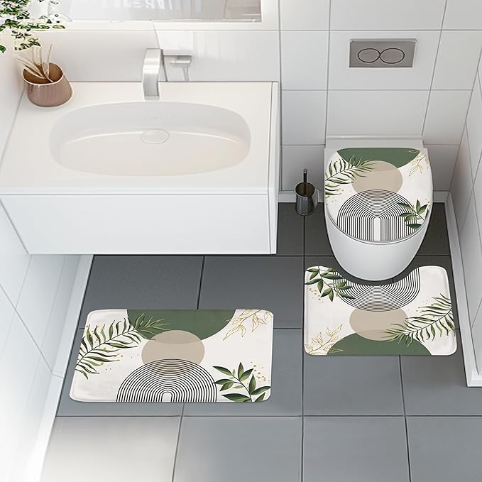 4 PCS Green Boho 72Wx72H Shower Curtain Set Abstract Gold Grey Modern Minimalist Bath Rug Toilet Lid Cover Nonslip U Shape Mat Quick Dry Rubber Backed Dirt Resistant Accessories Bathroom Decor - Image 2