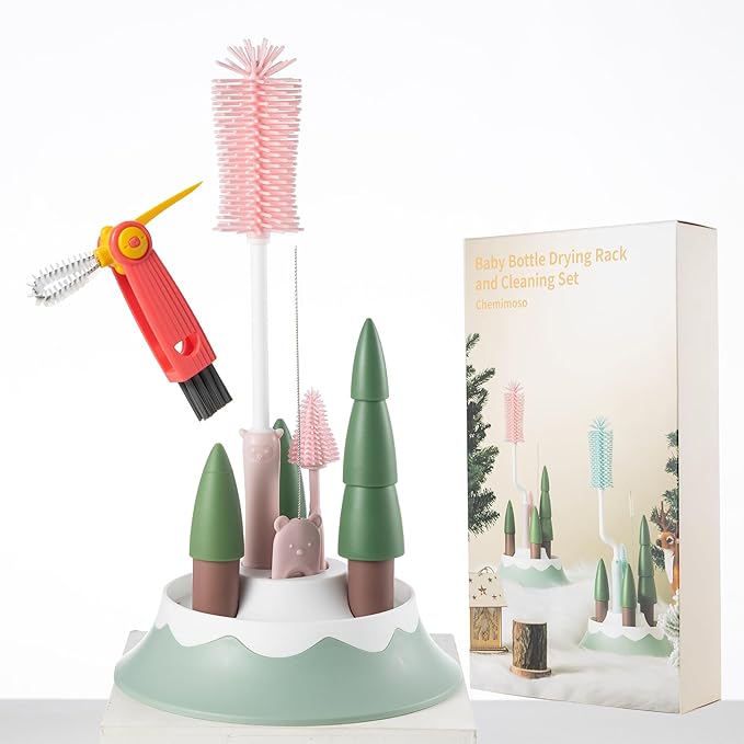 Chemimoso Baby Bottle Drying Rack and Cleaning Set, with Straight Silicone Baby Bottle Brush, Pacifier Brush, Straw Brush, Cup Lid Cleaning Brush, 2025 Xmas Holiday Surprise Gift for Newmom, Z Pink by Unknown