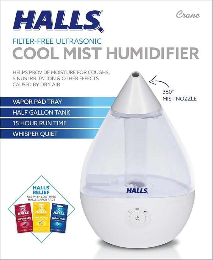 Crane x HALLS Droplet Ultrasonic Small Air Humidifiers for Bedroom and Office, 0.5 Gallon Cool Mist Humidifier for Plants and Home, Humidifier Filters Optional - Image 5