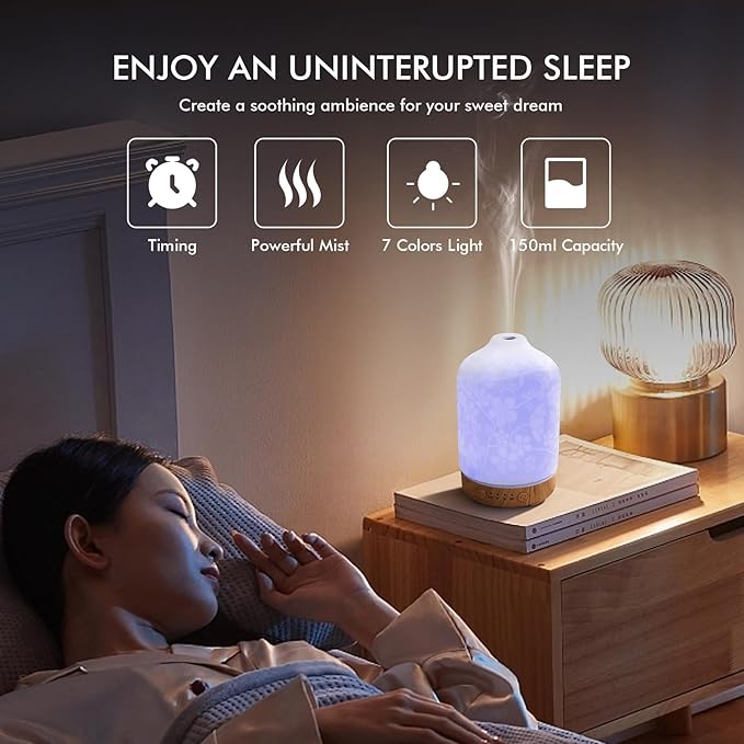 Aromatherapy Essential Oil Diffuser 150ml Ceramic Ultrasonic Aroma Oil Diffuser Humidifier Whisper Quiet Timer Setting 7 LED Colors Changing Lights for Home Office (Cherry Blossom) - Image 3