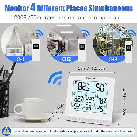 Geevon Indoor Outdoor Thermometer Wireless with 3 Remote Sensors, Digital Hygrometer Thermometer, Temperature Gauge Humidity Monitor with Backlight, 200FT/60M Transmission Range - Image 4