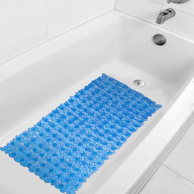 WELTRXE Non Slip Bathtub Mat, 35 x 16 Inches Bathroom Pebbles Shower Mat with Suction Cups, Drain Holes, Suction Bath Mats for Tub Machine Washable - Clear Blue - Image 7