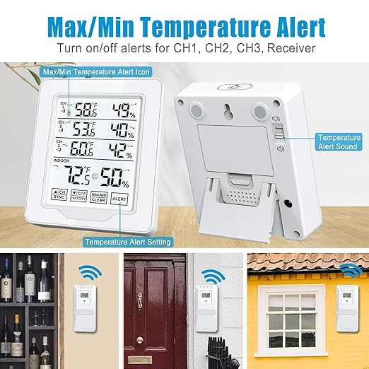 Indoor Outdoor Thermometer Wireless with 3 Remote Sensors, Digital Temperature Humidity Monitor Gauge with 500FT/150M Range, Temp Alert and Backlight - Image 4