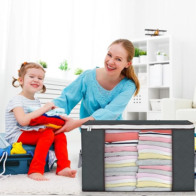 Large Storage Bags, 3 Pack Clothes Storage Bins Foldable Closet Organizers Storage Containers with Durable Handles Thick Fabric for Blanket Comforter Clothing Bedding 90 L (Gray) - Image 7
