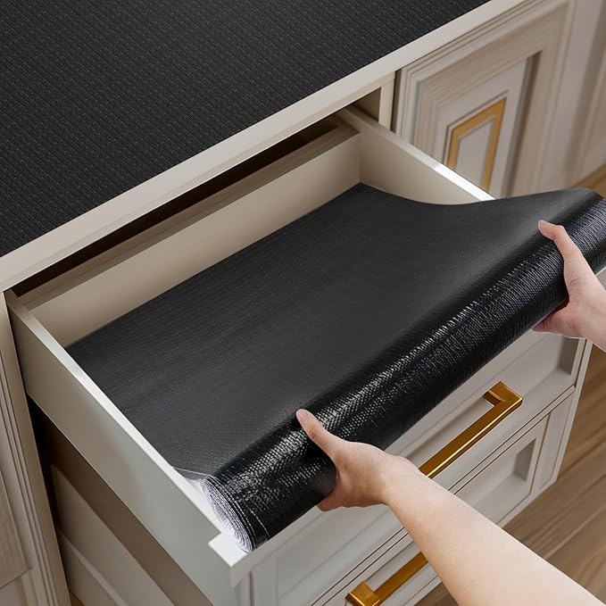 Shelf and Drawer Liner for Kitchen Cabinets Non-Adhesive, Strong Grip Non-Slip Thickened Cabinet Liners for Shelves, Waterproof Mats for Dresser Cupboard, Black, 23 in x 10 Feet by Shinlendid