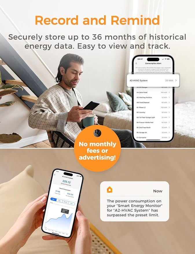 Smart Home Energy Monitor Supports Home Assistant, Real-Time Accurate Energy Consumption Tracking, Electricity Usage Monitor with 16x60A Circuit Sensor, 36-Month History, Solar Metering, ETL Certified - Image 7