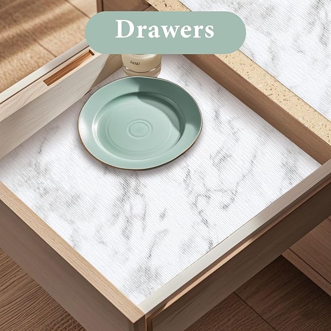 Drawer and Shelf Liner for Kitchen Cabinet: 12 in X 40 Ft Non Slip Waterproof Shelf Paper Non Adhesive Refrigerator Liners White Marble Easy Liners for Bathroom with Knife Tape Measure - Image 3