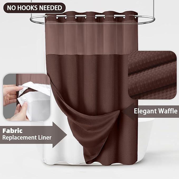 No Hook Shower Curtain and Liner Set,Brown Hotel Waffle Shower Curtain with Liner 75" L x 72" W - Image 3